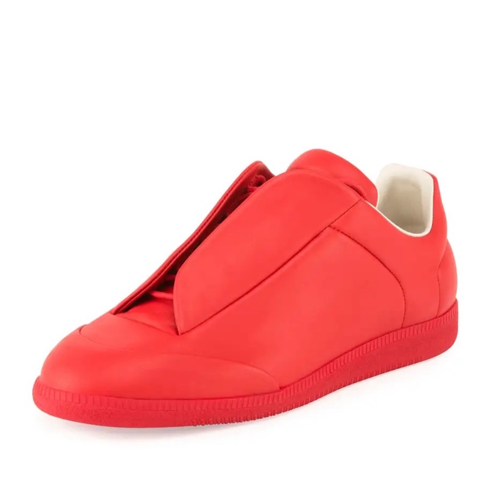 Maison Margiela Men's Future Leather Low-Top Sneakers Solid Red Round Toe